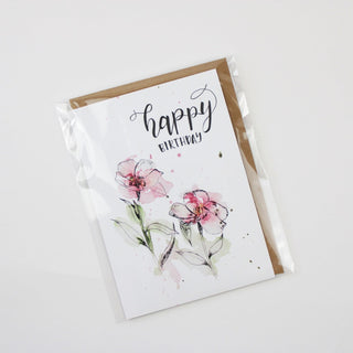 Happy Birthday Pink Floral Ink and Wash Splatter Watercolor Greeting Card