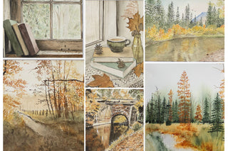 assorted fall and book themed watercolor paintings that will be included in my fall shop update