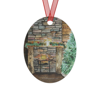 Cozy Fireplace Holiday Watercolor Design Metal Ornaments