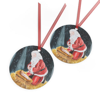 Santa Kneeling with Baby Jesus Holiday Watercolor Design Metal Ornaments