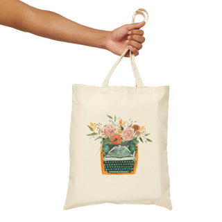 Colorful Typewriter with Florals Watercolor Design Cotton Canvas Tote Bag