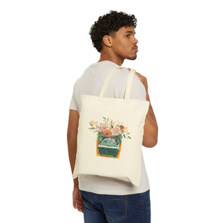 Colorful Typewriter with Florals Watercolor Design Cotton Canvas Tote Bag