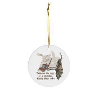 Open Book: Train, Owl, Dragon, Quill Ceramic Ornament