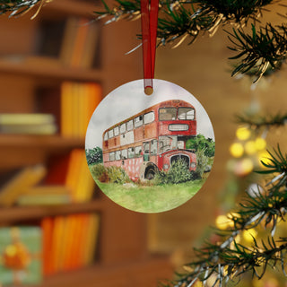 Red Bus in England Field Watercolor Design Metal Ornament