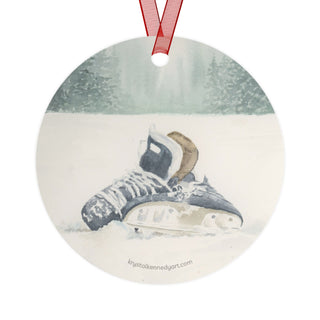 Hockey Skates in Snow Watercolor Design Metal Ornaments