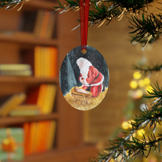 Santa Kneeling with Baby Jesus Holiday Watercolor Design Metal Ornaments