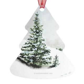 Pine Tree Snowy Landscape Watercolor Design Metal Ornament