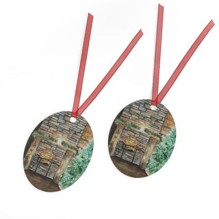 Cozy Fireplace Holiday Watercolor Design Metal Ornaments