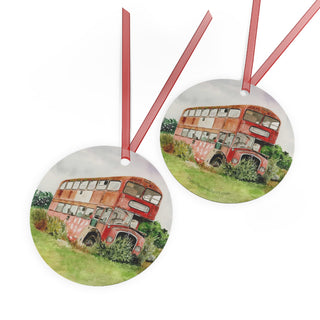 Red Bus in England Field Watercolor Design Metal Ornament