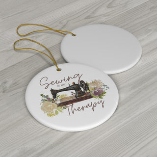 "Sewing is my Therapy" Antique Sewing Machine Watercolor Design Ceramic Ornament, 2 Shapes