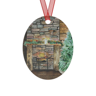 Cozy Fireplace Holiday Watercolor Design Metal Ornaments