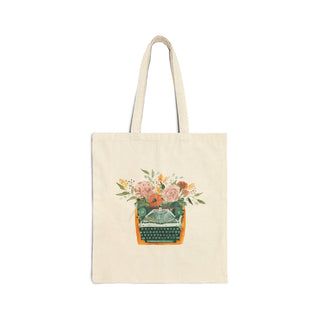 Colorful Typewriter with Florals Watercolor Design Cotton Canvas Tote Bag