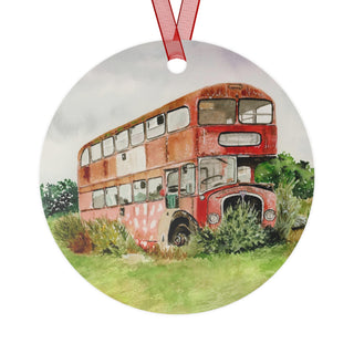 Red Bus in England Field Watercolor Design Metal Ornament