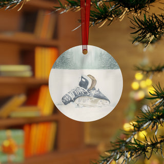 Hockey Skates in Snow Watercolor Design Metal Ornaments