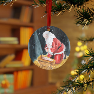 Santa Kneeling with Baby Jesus Holiday Watercolor Design Metal Ornaments