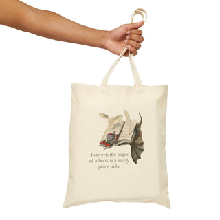 Open Book with Train, Dragon, Owl and Quill Watercolor Design Cotton Canvas Tote Bag