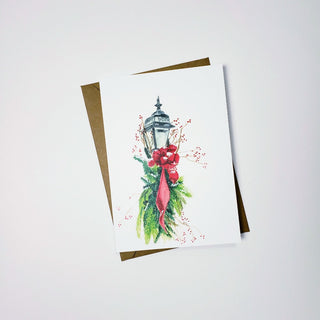 Holiday Card: Festive Street Lamp with Holiday Greenery