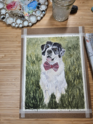 Watercolor representation of a dog wearing a bow tie on a wooden surface
