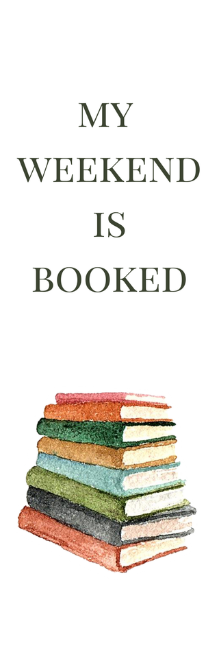 Stack of colorful books with 'My Weekend is Booked' text on a white background