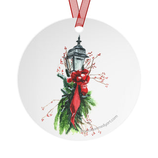 Festive Holiday Greenery Streetlight Watercolor Design Metal Ornament