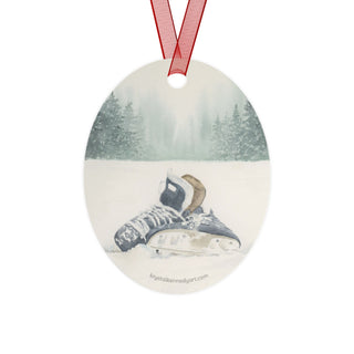 Hockey Skates in Snow Watercolor Design Metal Ornaments