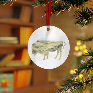 Watercolor Double Exposure Bison Landscape Design Metal Ornaments