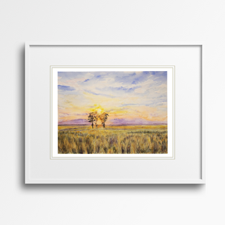 Sunset Watercolor Prairie with Trees Fine Art Print, Giclee Prints