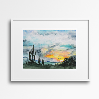 Desert Sunset Saguaro Cactus Blue Cloudy Sky Fine Art Print, Giclee Watercolor Art Print