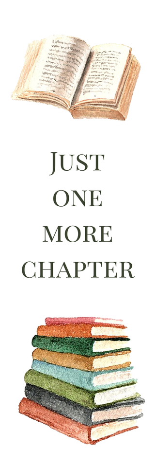 Stack of books with an open book above and text 'Just One More Chapter' below on a white background.