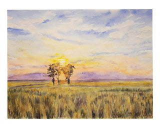 Sunset Watercolor Prairie with Trees Fine Art Print, Giclee Prints