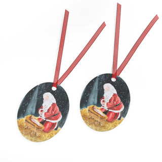 Santa Kneeling with Baby Jesus Holiday Watercolor Design Metal Ornaments