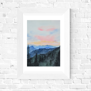 Smokey Mountain Sunset Giclee Art Print, Watercolor Mountain Sunset Landscape Art Print