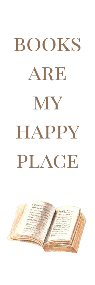 Open book with 'Books are my happy place' text on a white background