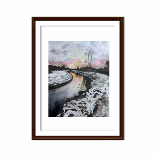 Sunset Snowy River Bank Giclee Art Print, Moody Watercolor Art Print, Winter Landscape Fine Art Print