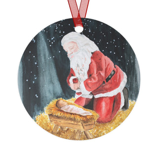 Santa Kneeling with Baby Jesus Holiday Watercolor Design Metal Ornaments