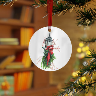 Festive Holiday Greenery Streetlight Watercolor Design Metal Ornament