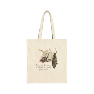 Open Book with Train, Dragon, Owl and Quill Watercolor Design Cotton Canvas Tote Bag