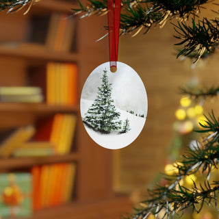 Pine Tree Snowy Landscape Watercolor Design Metal Ornament