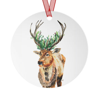 Deer with Holiday Greenery Watercolor Design Metal Ornaments