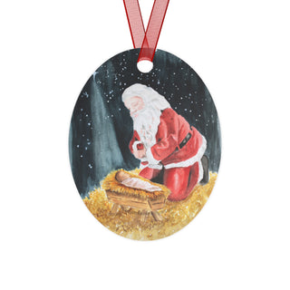 Santa Kneeling with Baby Jesus Holiday Watercolor Design Metal Ornaments