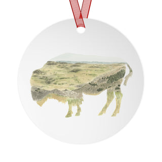 Watercolor Double Exposure Bison Landscape Design Metal Ornaments