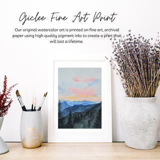 Smokey Mountain Sunset Giclee Art Print, Watercolor Mountain Sunset Landscape Art Print