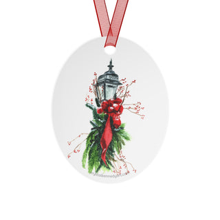 Festive Holiday Greenery Streetlight Watercolor Design Metal Ornament