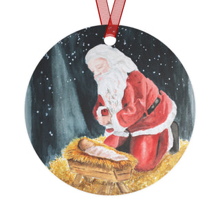 Santa Kneeling with Baby Jesus Holiday Watercolor Design Metal Ornaments