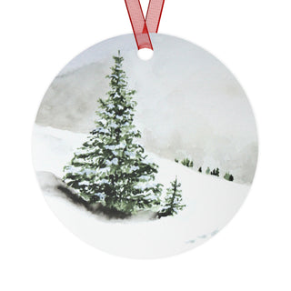 Pine Tree Snowy Landscape Watercolor Design Metal Ornament