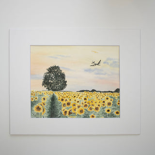 Sunflower Field, B-52 Airplane, Sunset Original, Hand-Painted Watercolor, 8x10