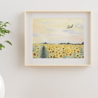Sunflower Field with B-52 at Sunset Watercolor Art Print