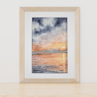 Muted Beach Sunset Landscape Watercolor, Cloudy Sky, Hand-painted original 4x6