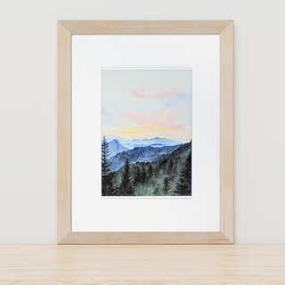 Smokey Mountain Sunset Giclee Art Print, Watercolor Mountain Sunset Landscape Art Print