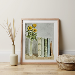 Books on Shelf with Sunflowers in Vase Watercolor PRINT PRE-ORDER